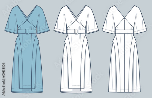 Women's Kimono Sleeve Dress technical fashion illustration. Belted midi Dress fashion flat technical drawing template, v neck, front slits, zipper, front, back view, white, blue, women CAD mockup set.
