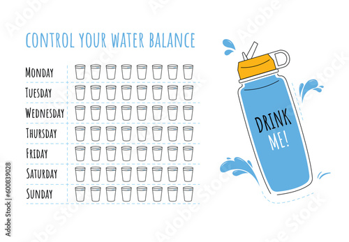 Water tracker vector template. Drinking water checklist. Water tracker with cool water bottle. Vector illustration. Doodle style. Flat style