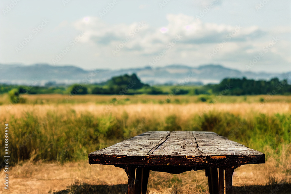 Wooden table for product display on the foreground , blurred yellow fields at countryside on the background, natural farm landscape, generative ai Wooden table for product display on the foreground , blurred yellow fields at countryside on the background, natural farm landscape, generative ai