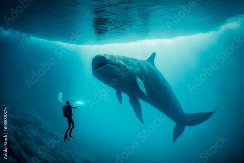 In the vast ocean, a diver shares an enchanting encounter with a majestic whale, a meeting of two worlds. Generative AI