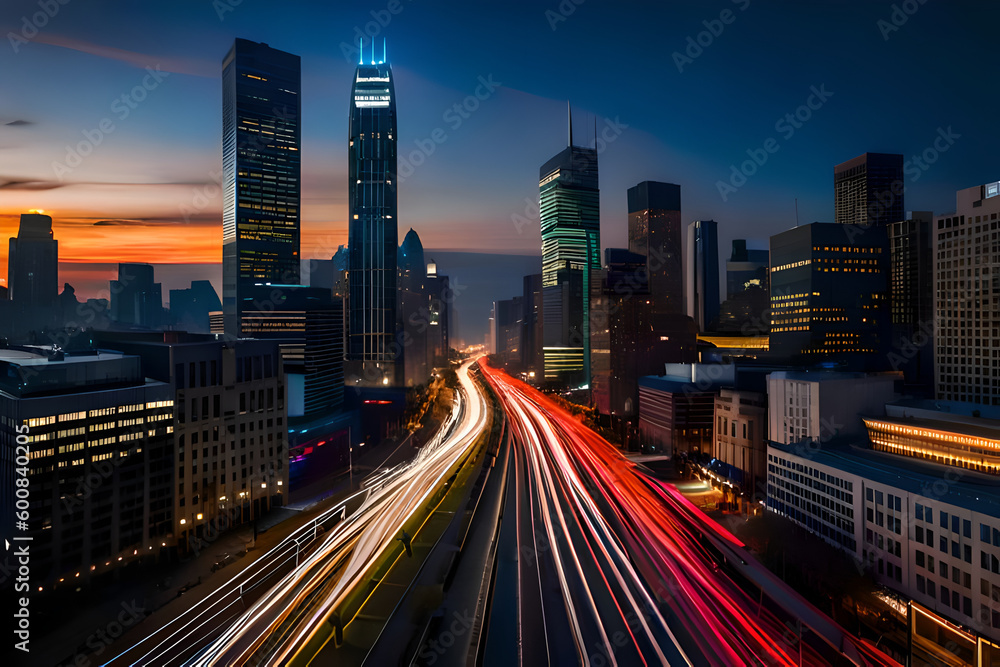 Long exposure illustration of street traffic at night in a big city (Generative AI, Generativ, KI)