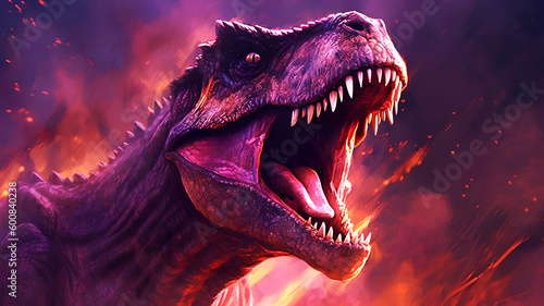 Tyrannosaurus Rex dinosaur roaring. Purple and fiery red colors. Generative AI.