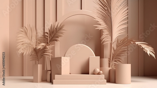 3D background, pastel beige and brown display showcase geometric shapes set. Generative ai