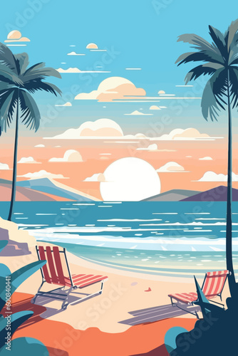 Background template for beach themed poster design. Flat vector illustration.