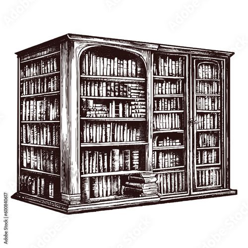 book shelves in the library vintage, bookcase sketch