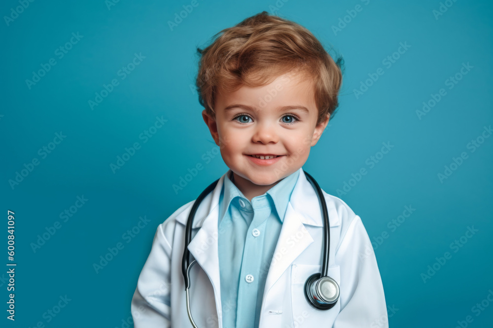 Studio portrait of a child wearing a doctor uniform with stethoscope. Generative ai Studio portrait of a child wearing a doctor uniform with stethoscope. Generative ai