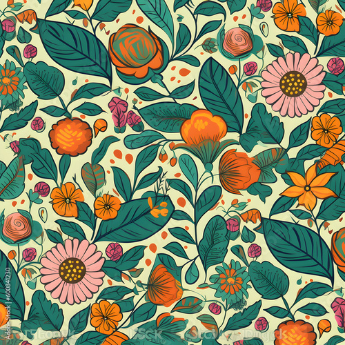 Watercolor seamless floral pattern with bright colorful flowers and leaves  Generative AI