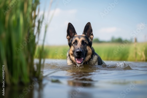 Group portrait photography of an aggressive german shepherd swimming against open fields and meadows background. With generative AI technology