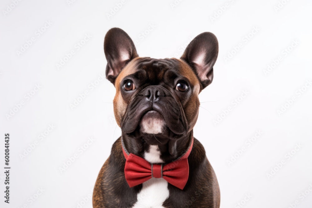 Medium shot portrait photography of an aggressive french bulldog wearing a ribbon against a white background. With generative AI technology