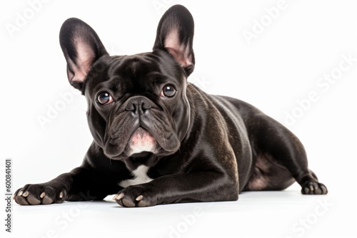 Full-length portrait photography of an aggressive french bulldog lying down against a white background. With generative AI technology © Markus Schröder