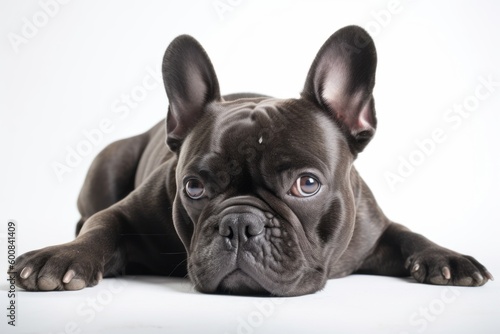 Full-length portrait photography of an aggressive french bulldog lying down against a white background. With generative AI technology