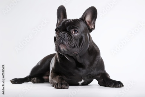 Full-length portrait photography of an aggressive french bulldog lying down against a white background. With generative AI technology