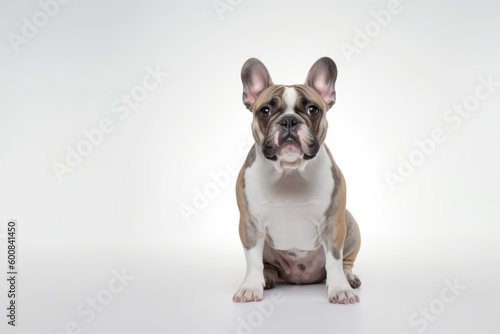 Medium shot portrait photography of a scared bulldog sitting against a white background. With generative AI technology © Markus Schröder