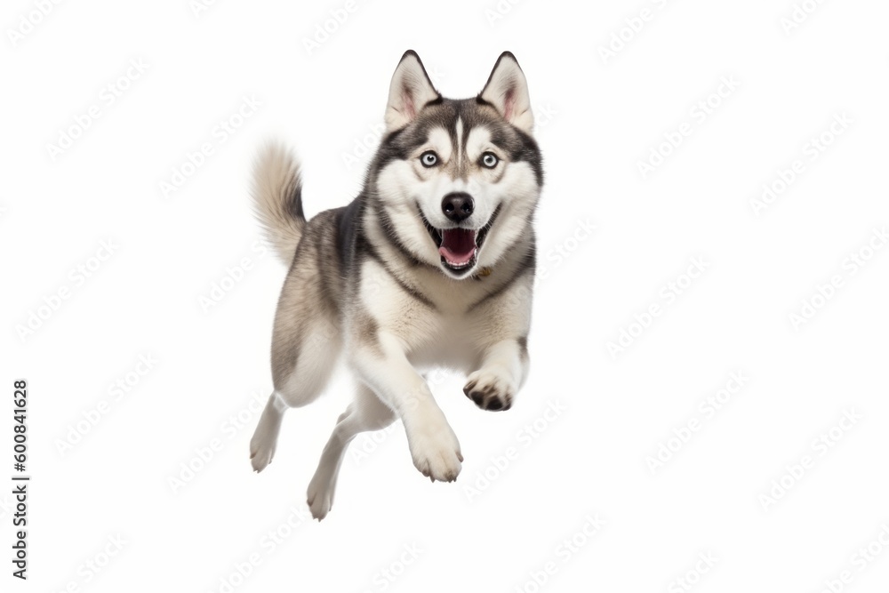 Medium shot portrait photography of an aggressive siberian husky jumping against a white background. With generative AI technology Medium shot portrait photography of an aggressive siberian husky jumping against a white background. With generative AI technology