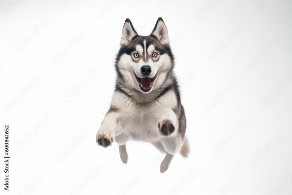 Medium shot portrait photography of an aggressive siberian husky jumping against a white background. With generative AI technology