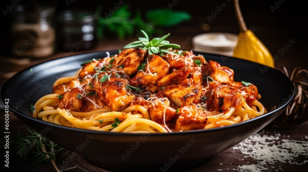 Spaghetti pasta with tomato sauce, mozzarella cheese and fresh basil in plate on white wooden background. Selective focus. Spaghetti pasta with tomato sauce, mozzarella cheese and fresh basil in plate on white wooden background. Selective focus.
