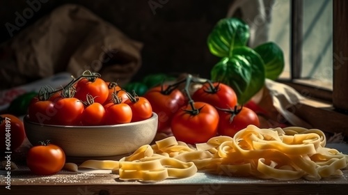 Spaghetti pasta with tomato sauce, mozzarella cheese and fresh basil in plate on white wooden background. Selective focus.