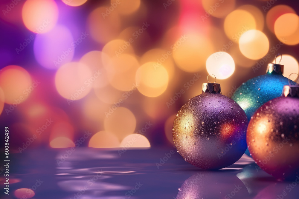 Beautiful Christmas ball decorations with lights and bokeh background. Generative AI Beautiful Christmas ball decorations with lights and bokeh background. Generative AI