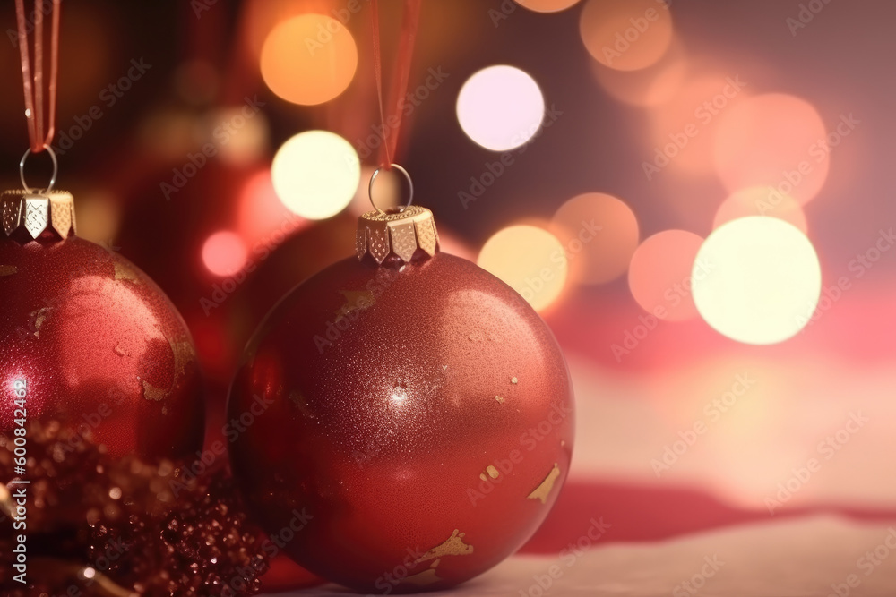 Beautiful Christmas ball decorations with lights and bokeh background. Generative AI Beautiful Christmas ball decorations with lights and bokeh background. Generative AI