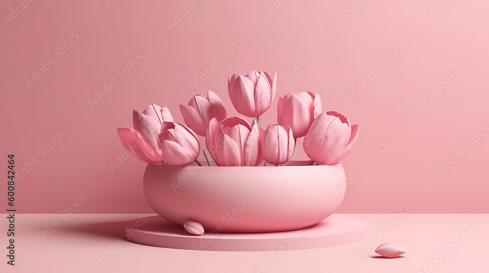 3D display podium pastel pink flower background, Tulip blossom. Generative Ai 3D display podium pastel pink flower background, Tulip blossom. Generative Ai