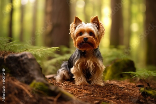 Lifestyle portrait photography of a curious yorkshire terrier sitting against a forest background. With generative AI technology © Markus Schröder