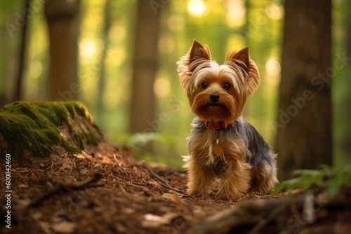 Lifestyle portrait photography of a curious yorkshire terrier sitting against a forest background. With generative AI technology © Markus Schröder