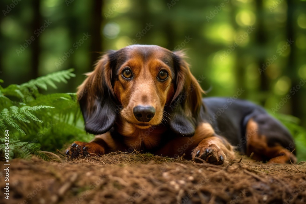 Medium shot portrait photography of a happy dachshund lying down against a forest background. With generative AI technology