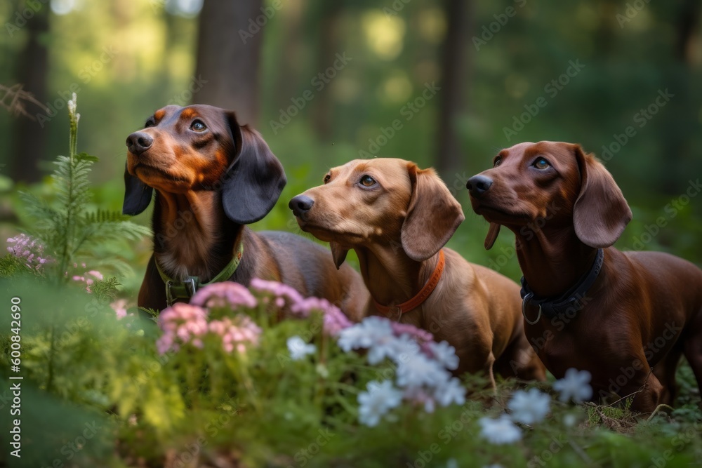 Group portrait photography of a scared dachshund smelling flowers against a forest background. With generative AI technology