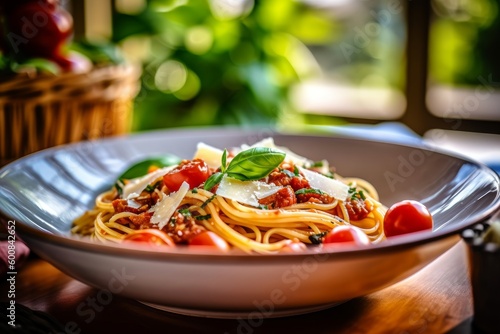 Spaghetti pasta with tomato sauce  mozzarella cheese and fresh basil in plate on white wooden background. Selective focus.