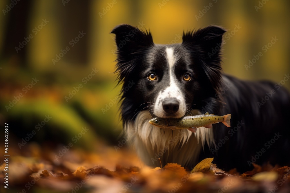 Lifestyle portrait photography of an aggressive border collie being with a pet fish against a forest background. With generative AI technology