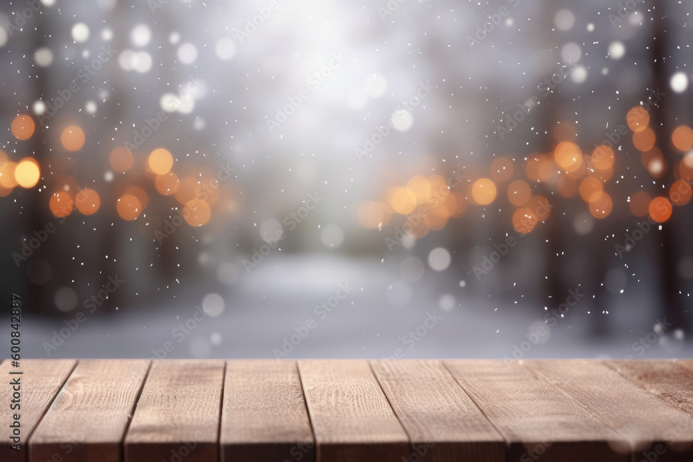 Blurred view of glowing Christmas lights on wooden table. Generative AI Blurred view of glowing Christmas lights on wooden table. Generative AI