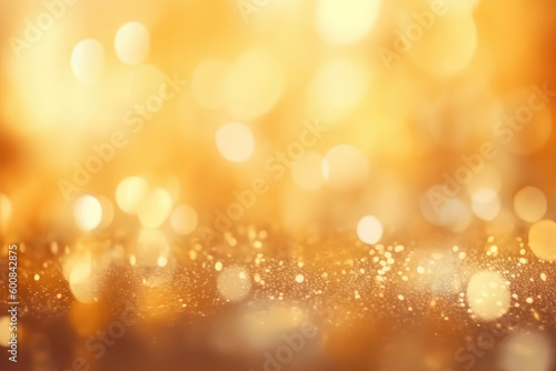 Gold glitter light flowing from side scene with soft light on gold background. Generative AI