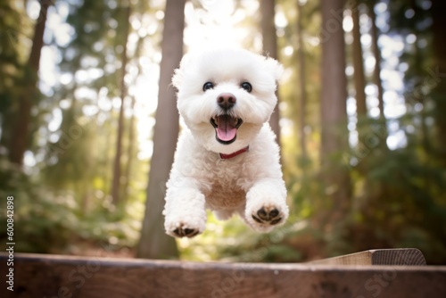 Medium shot portrait photography of a happy bichon frise jumping over an obstacle against a forest background. With generative AI technology