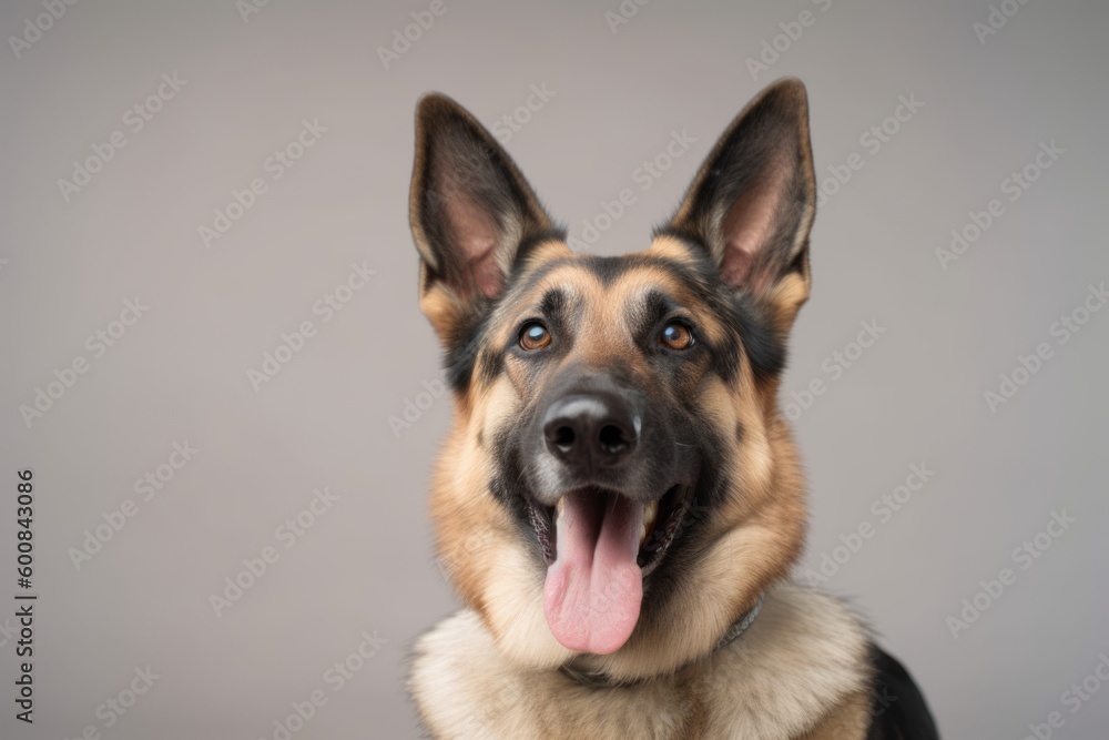 Headshot portrait photography of a happy german shepherd standing on hind legs against a minimalist or empty room background. With generative AI technology
