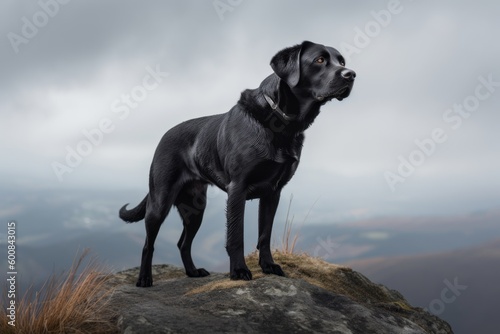 Full-length portrait photography of an aggressive labrador retriever being on a mountain peak against a minimalist or empty room background. With generative AI technology