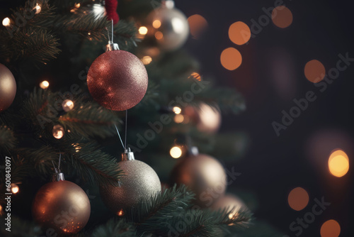 Decorated Christmas tree on blurred background. Generative AI