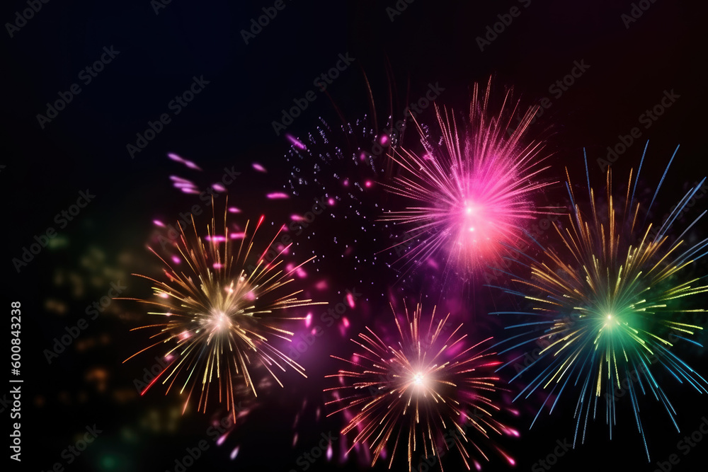 Fototapeta premium Brightly Colorful Fireworks on twilight background. Generative AI