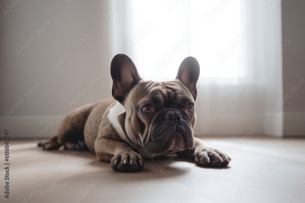 Environmental portrait photography of a curious french bulldog lying down against a minimalist or empty room background. With generative AI technology