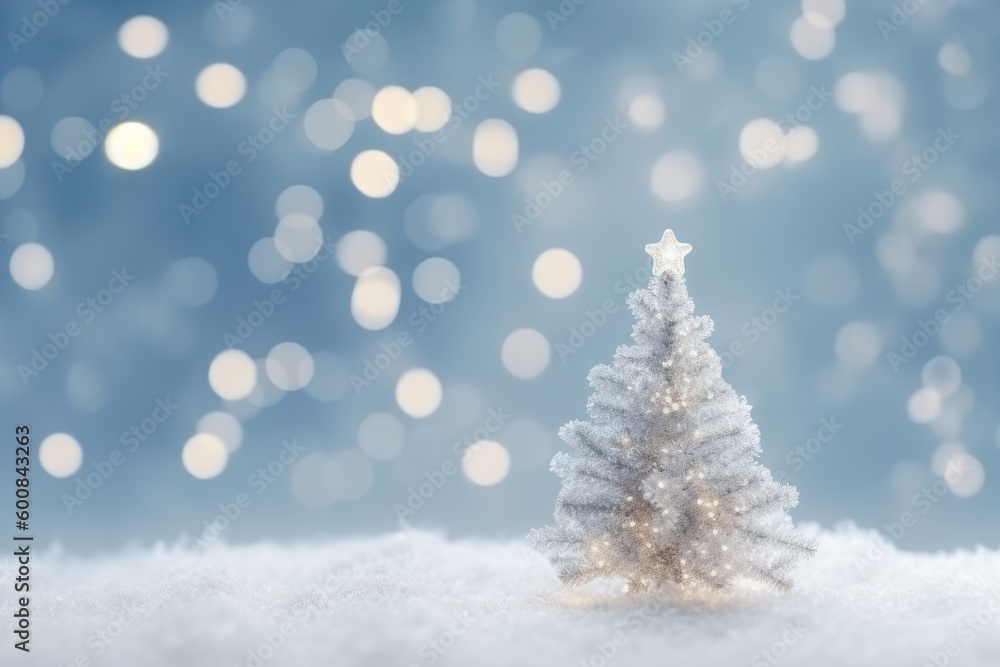 Fir tree and gift box with bow ribbon on snow background. Christmas greeting card, bokeh effect. Generative AI