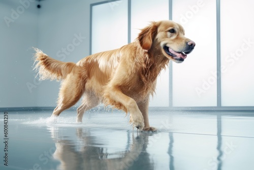 Full-length portrait photography of a happy golden retriever splashing in a pool against a minimalist or empty room background. With generative AI technology