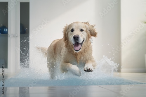 Full-length portrait photography of a happy golden retriever splashing in a pool against a minimalist or empty room background. With generative AI technology