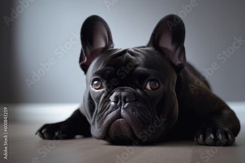 Environmental portrait photography of a curious french bulldog lying down against a minimalist or empty room background. With generative AI technology © Markus Schröder