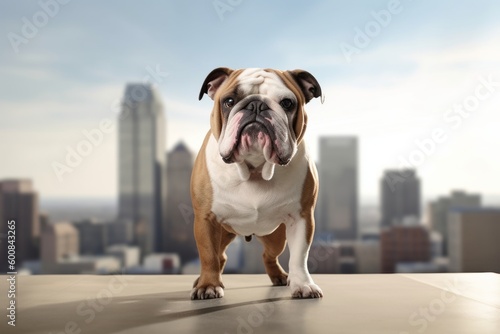 Medium shot portrait photography of an aggressive bulldog being in front of a city skyline against a minimalist or empty room background. With generative AI technology