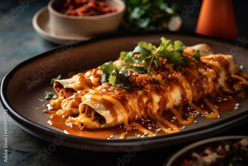 enchiladas with a smoky chipotle sauce and strips of chicken on a plate