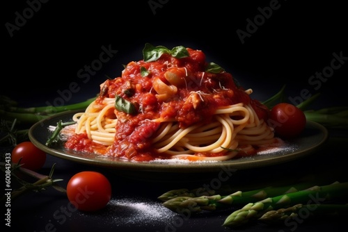 Spaghetti alla Amatriciana with pancetta bacon, tomatoes, bean and pecorino cheese