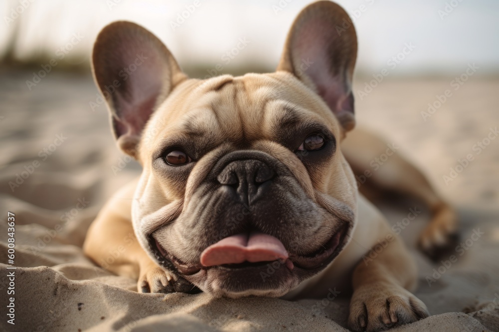 Close-up portrait photography of a happy french bulldog lying down against a beach background. With generative AI technology