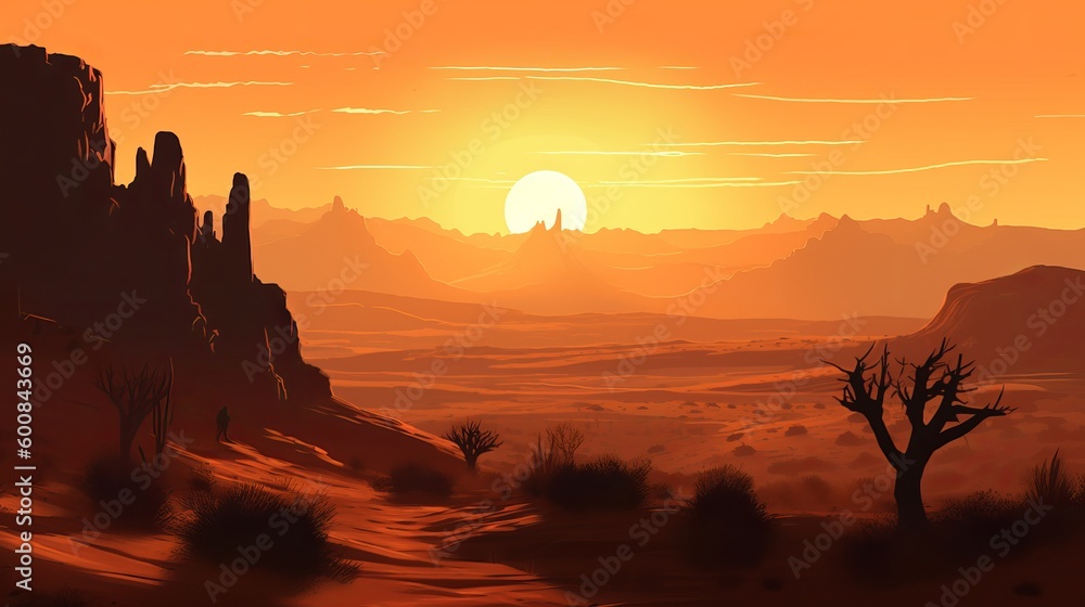 Digital Illustration of western desert landscape sunset Generative AI