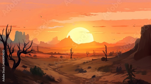 Digital Illustration of western desert landscape sunset Generative AI