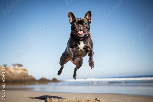 Environmental portrait photography of a happy french bulldog jumping against a beach background. With generative AI technology © Markus Schröder