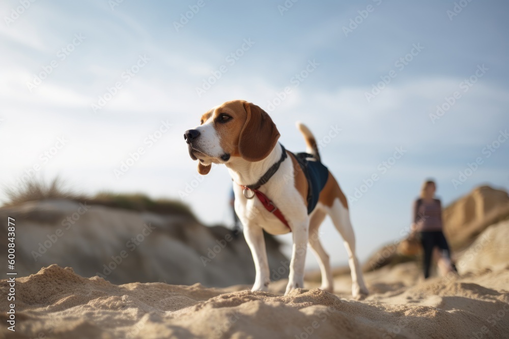 Environmental portrait photography of an aggressive beagle hiking with the owner against a beach background. With generative AI technology Environmental portrait photography of an aggressive beagle hiking with the owner against a beach background. With generative AI technology